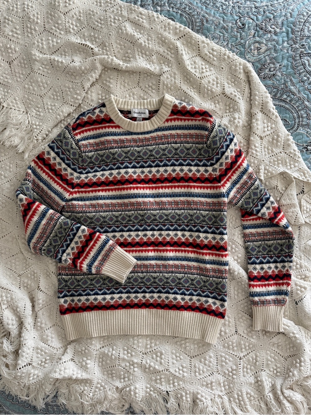 Goodfellow & Co Cream Fair Isle Crewneck Sweater with Red and Navy Accents